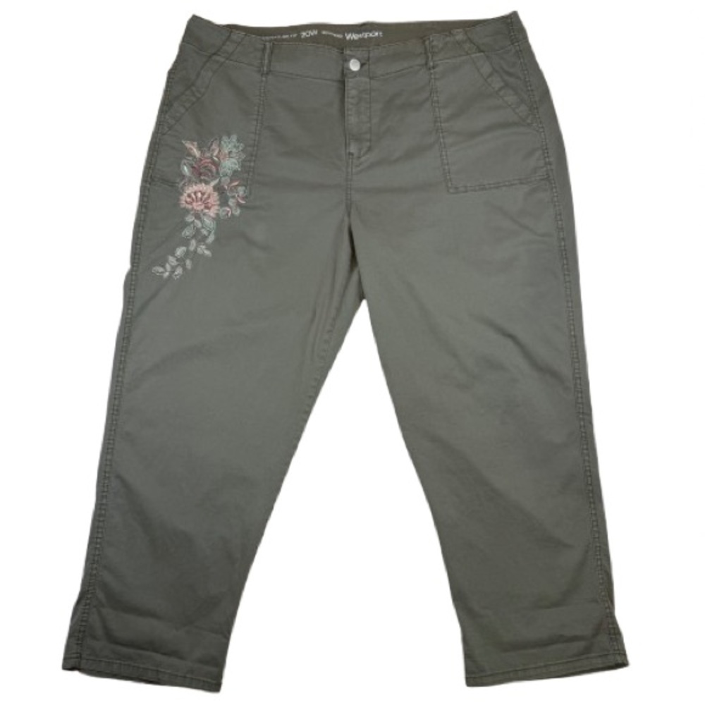 Westport Signature Fit 20W Boyfriend Pants Green Floral Embroidered Stretch